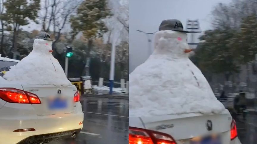 河南一小车车尾载雪人行驶 究竟是怎么一回事?!
