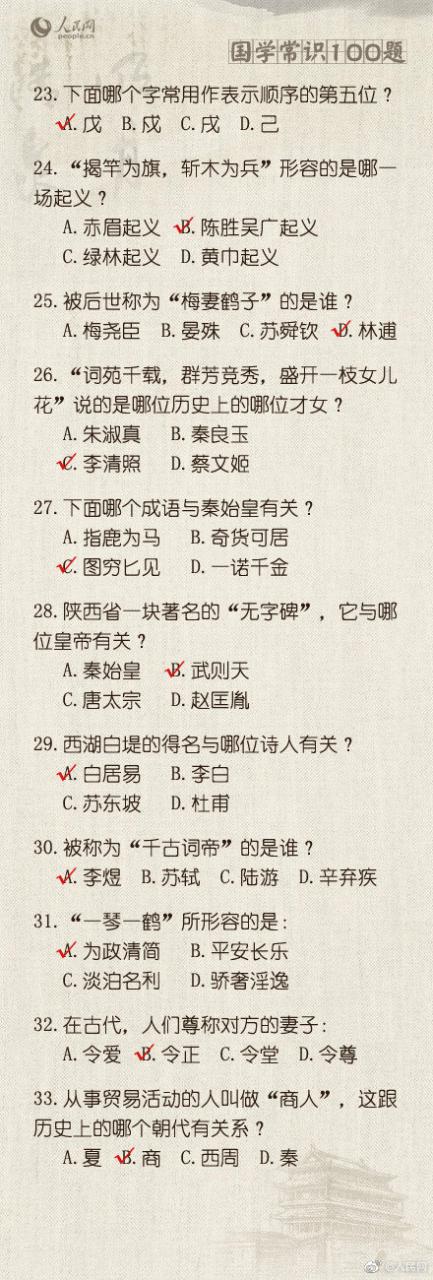 100道文化常识题, 看看你能得多少分!