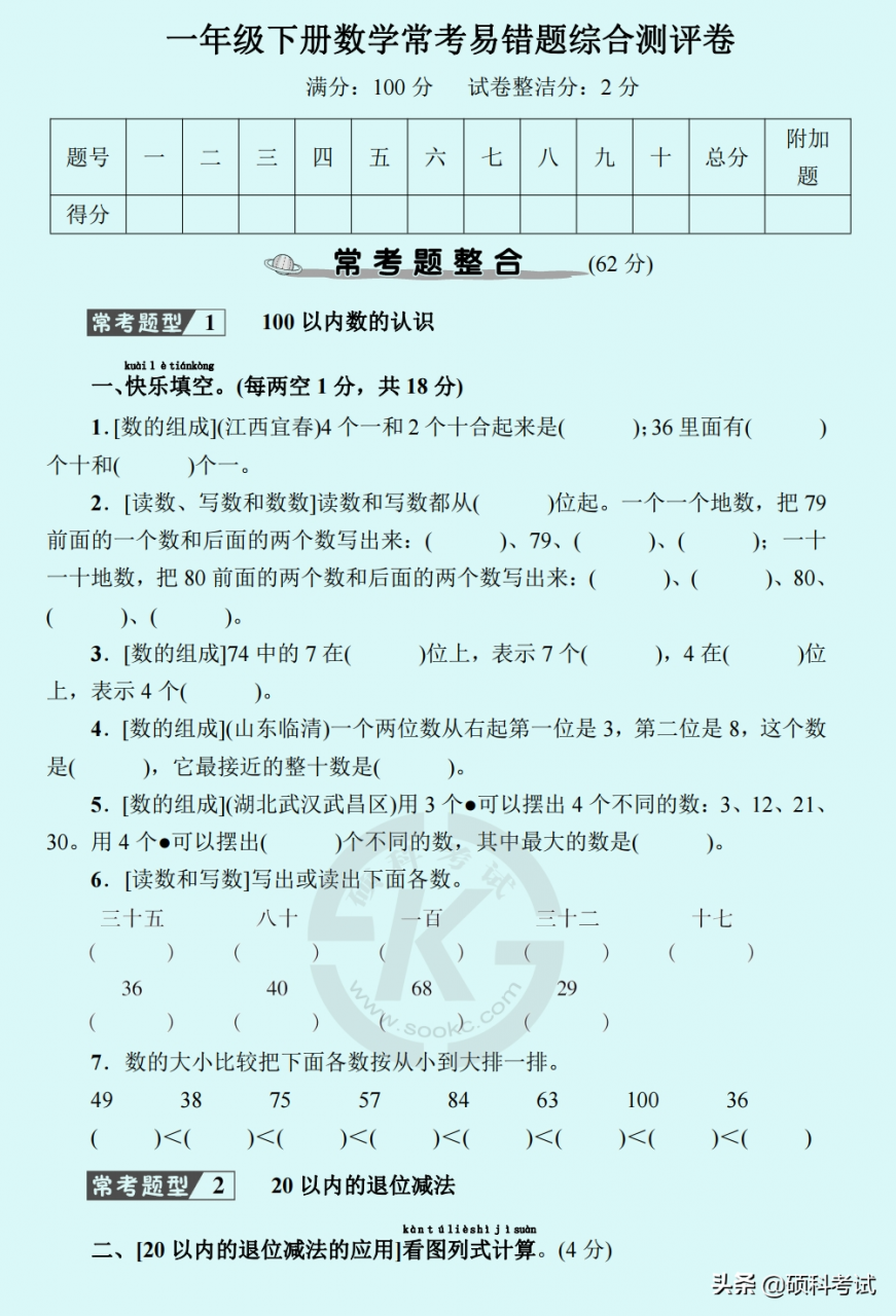 人教版一年级下册数学常考《易错题》综合测评卷附答案