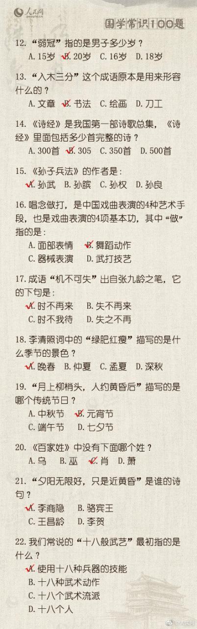 100道文化常识题, 看看你能得多少分!