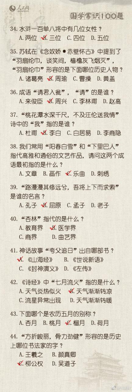 100道文化常识题, 看看你能得多少分!