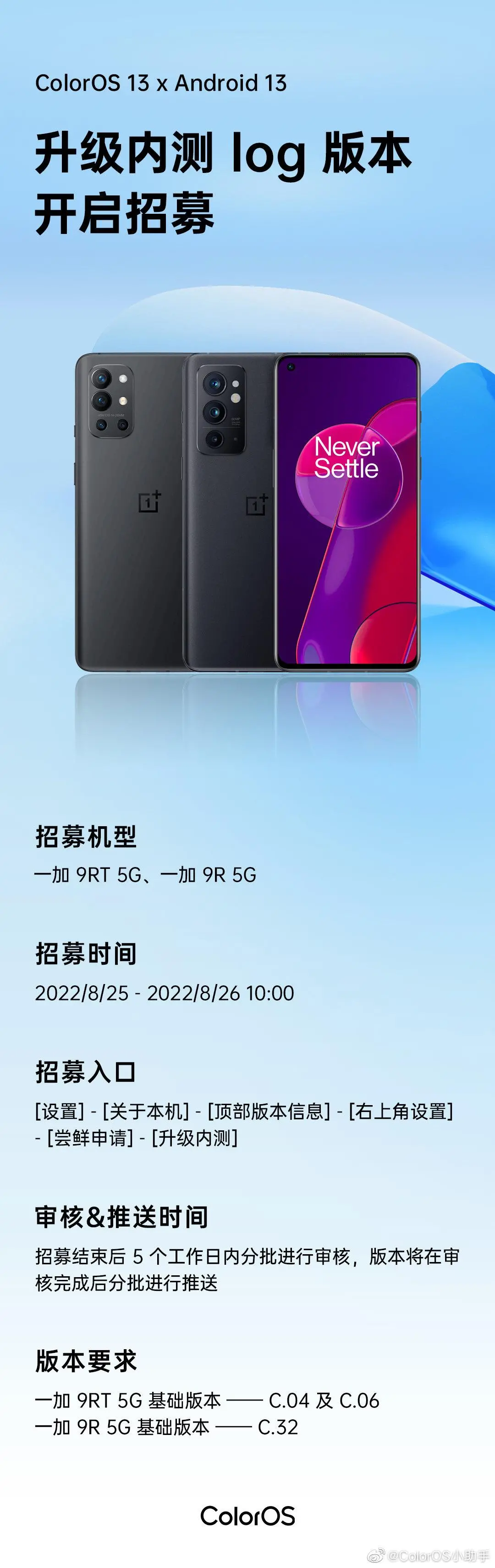 不会，一加9R/9RT  5G将开放Android  13和ColorOS  13升级内测招募。